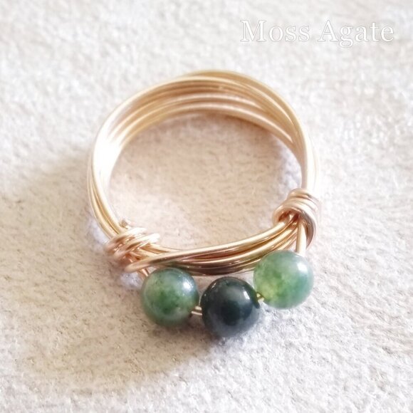 Slim Moss Agate Beaded Handmade Rings - Sturdy Every Day Wear! Copper or Brass! - Picture 2 of 12